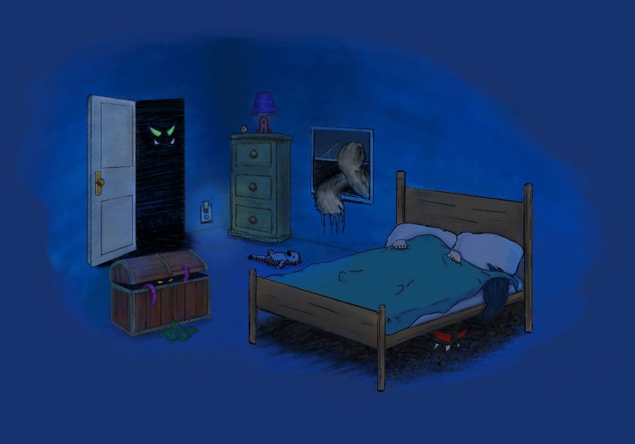 Illustrated bedroom scene at night