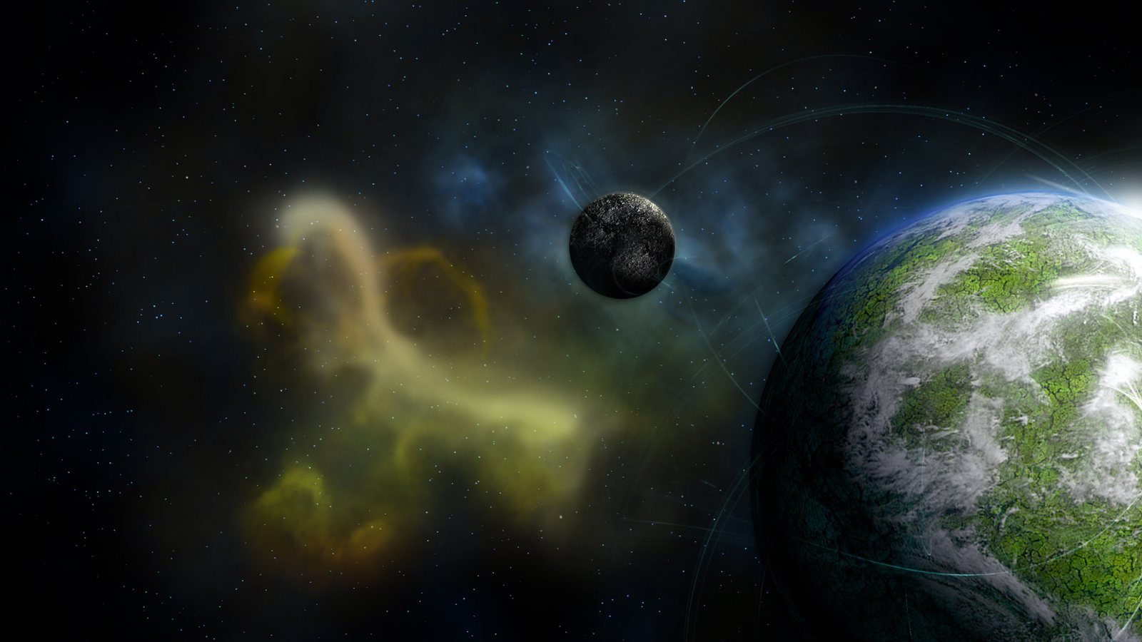 Space scene with planet and nebula