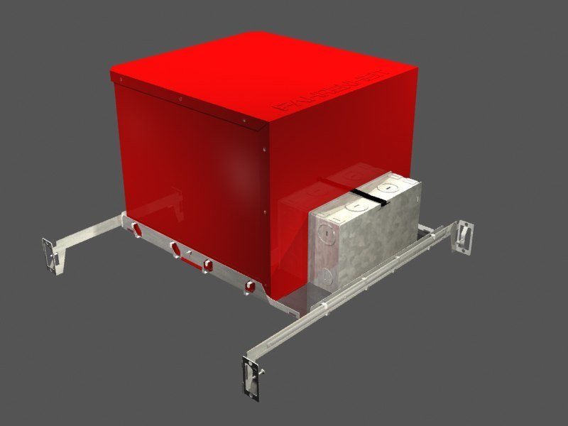 3d model of a red fire-rated recessed light housing