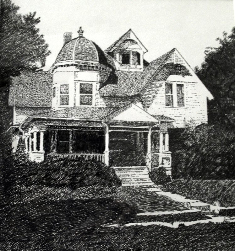 Pen drawing of a Victorian house