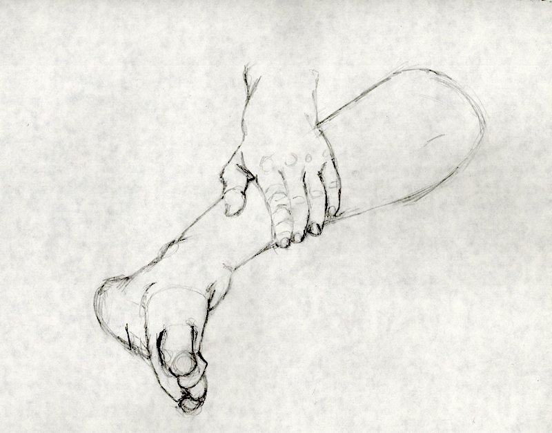 Pencil study of a hand gripping a leg
