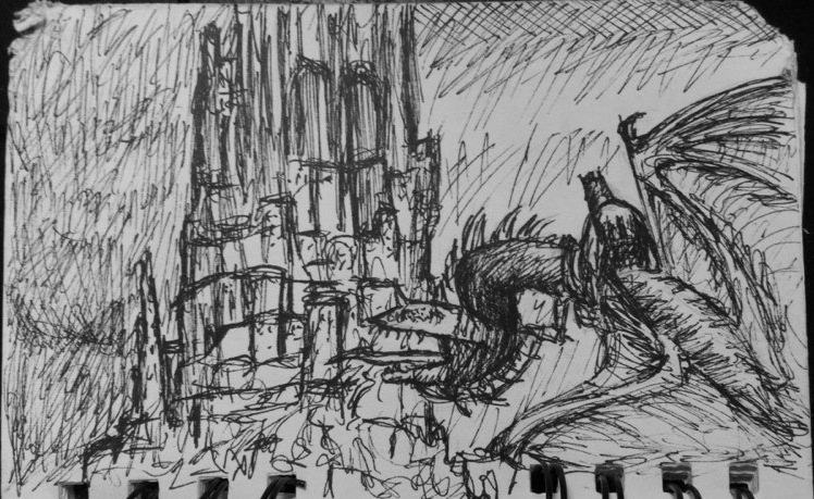 Ink sketch of a gothic cathedral with a dragon