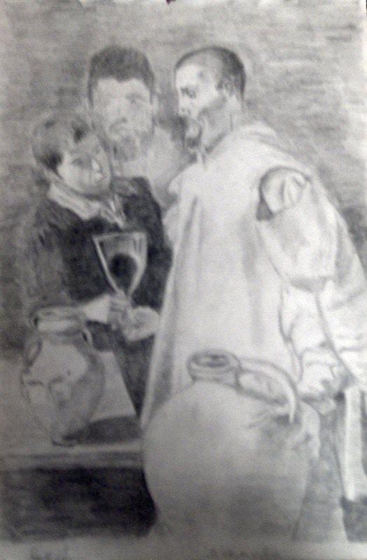 Charcoal drawing of two figures with a large jug