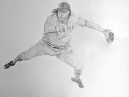 Pencil drawing of a Boston Red Sox player fielding