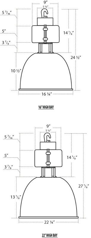 16 inch and 22 inch high bay light fixtures with dimensions