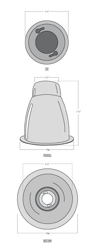 Light casing top, side and bottom views