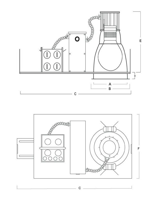 Light housing side and top views
