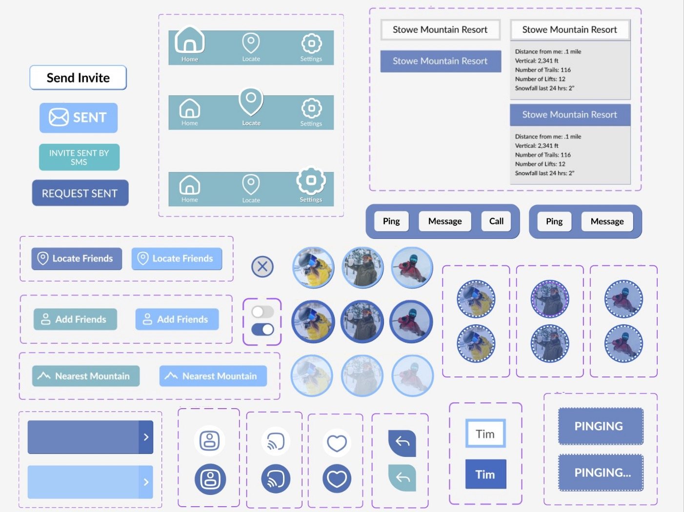 SkiPS UI elements: buttons, nav bars, avatars, states